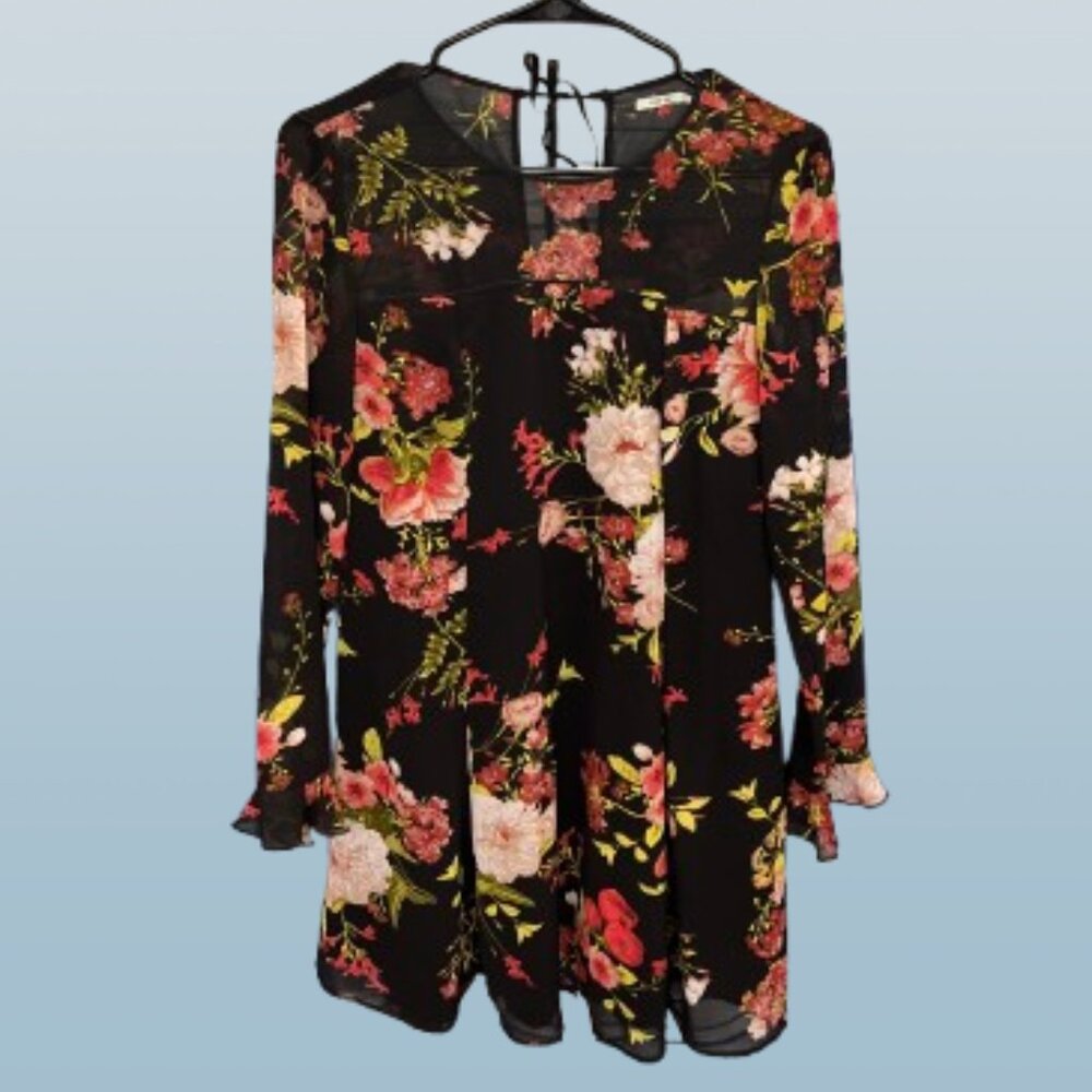 🌸 Kimchi Blue Black Floral Long Sleeve Dress–Sheer Yoke & Ruffle Cuffs – Size S
